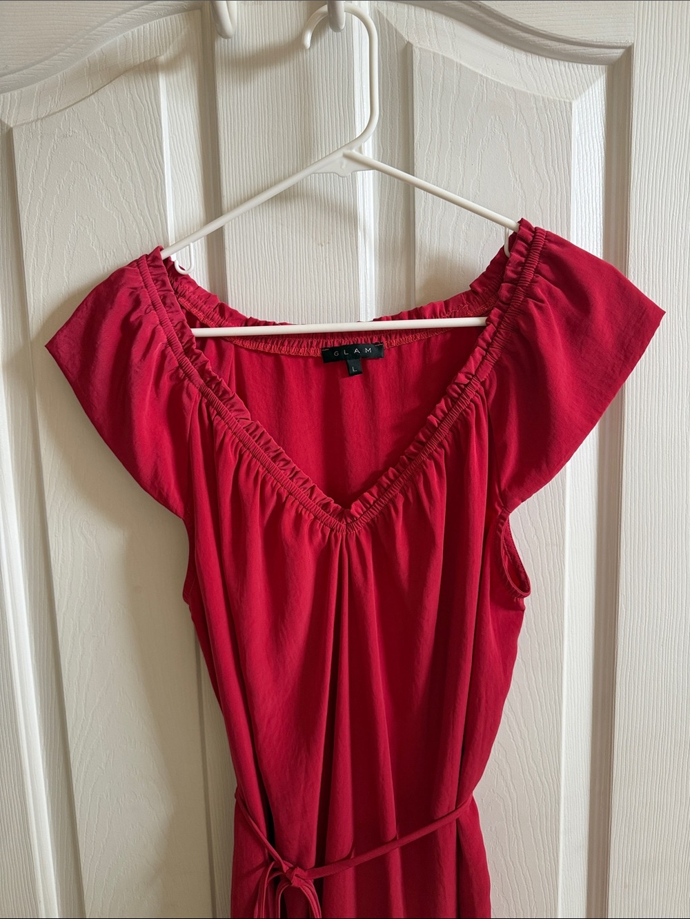 🌸 GLAM: Red Ruffle V-Neck Tie-Waist Dress - Picture 3 of 6